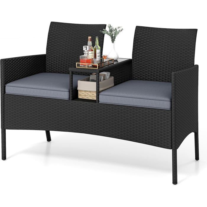 COSTWAY Ensemble 3 pcs Table Intégrée et Chaises de Jardin en Rotin PE 2 Places Coussins Doux et Plateau en Verre Trempé Gris COSTWAY Ensemble 3 pcs Table Intégrée et Chaises de Jardin en Rotin PE 2 Places Coussins Doux et Plateau en Verre Trempé Gris