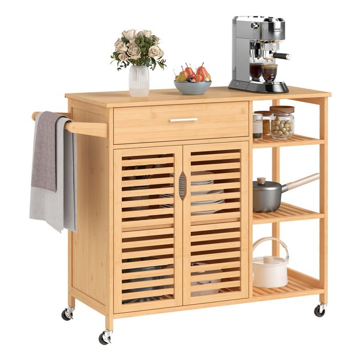GIANTEX Desserte de cuisine sur roulettes meuble de rangement mobile en bambou avec tiroirs placards et étagères ouvertes