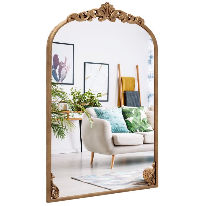 95 x 66 cm Miroir Mural Arqué Vintage COSTWAY Miroir Baroque Antique Doré Cadre en Métal Décoration Intérieure pour Entrée Salon