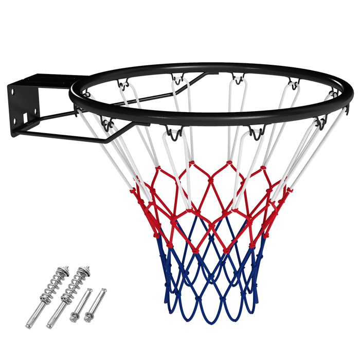 Mini Panier de Basket Mural avec Filet Standard Polyester 45cm COSTWAY-Double Ressort-Intérieur/Extérieur-Cadre en Métal-Noir