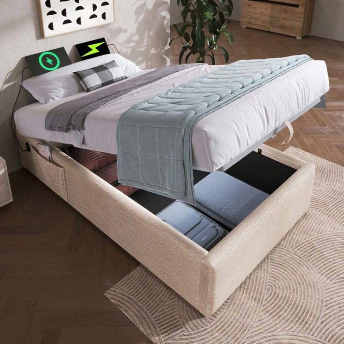 Lit coffre - Beige - Rangement hydraulique - Port USB-C - Lattes en bois massif