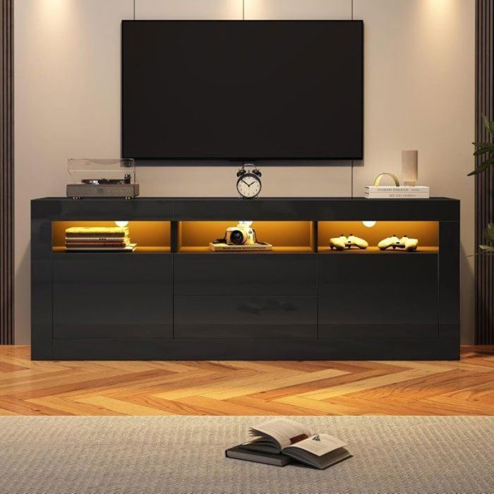 Meuble TV Noir Haut Brillant avec Eclairage LED 2 Portes 2 Tiroirs Compartiments Armoire TV buffet bas160 x 35 x 60  MEUBLE TV