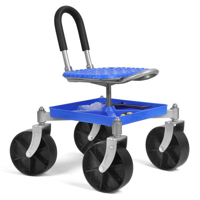 Siège de travail roulant pour jardin pivotant 360° hauteur réglable avec plateau à outils - tabouret de jardin bleu