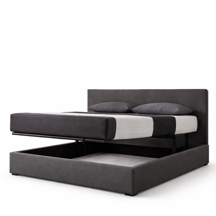 Lit coffre - SAMPUR - 90x190 cm - Simili cuir gris - Tête de lit incluse - Ouverture horizontale