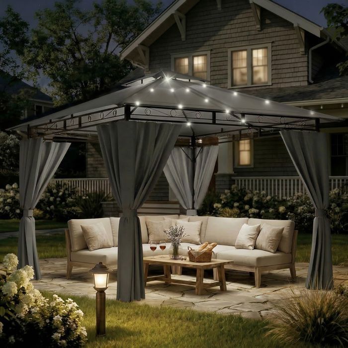 Tonnelle de Jardin 3x3 avec Éclairage Imperméable Deluxe Tonnelle Pergola Jardins Exterieur pour 4-6 Personnes Gris