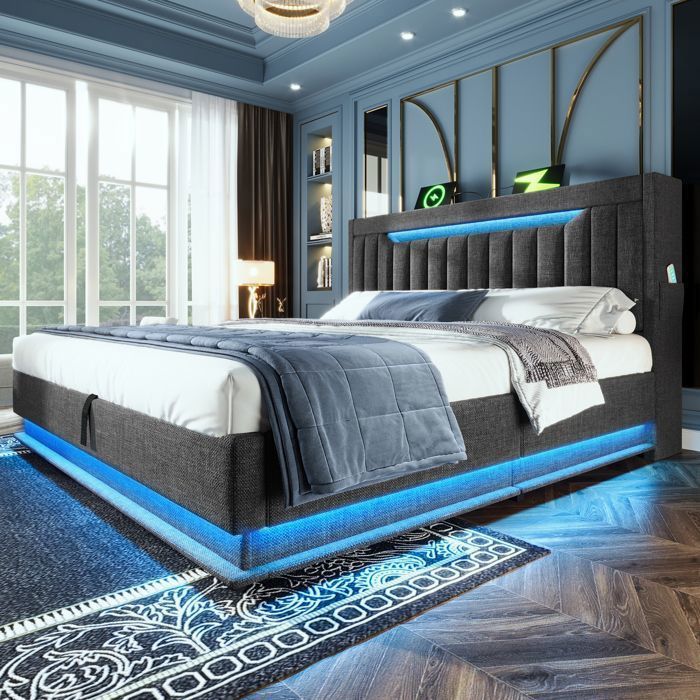 Lit Coffre - 160 x 200 cm - en Lin Gris - Lit Double - avec LED USB et Tête de Lit de Rangement - Merax Lit Coffre - 160 x 200 cm - en Lin Gris - Lit Double - avec LED USB et Tête de Lit de Rangement - Merax