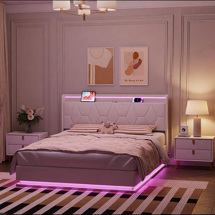 Lit Coffre 160x200 cm Velours Blanc Cassé LED Sommier Relevable Grand Rangement Chambre Adulte