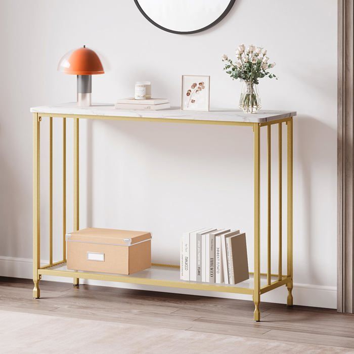 Console étroite compacte - GARVEE - Dimensions 105x30x81 cm - Or et Blanc - Deux niveaux - Rangement ouvert