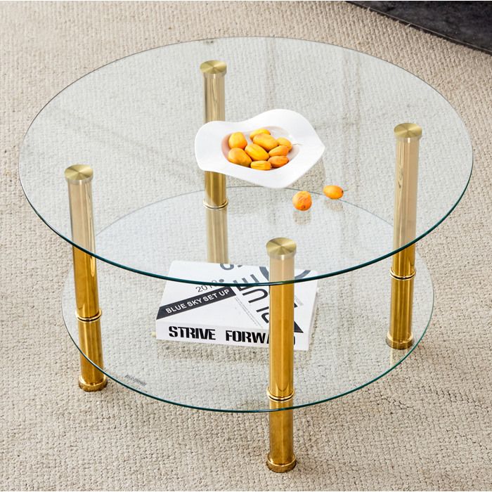 Table basse ronde 2 niveaux or et transparent de diamètre  70/60 x H 42 cm verre trempé et métal