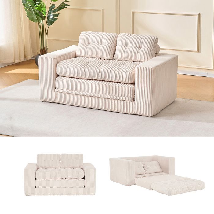 Canapé-lit 2 places Canapé convertible pour salon et chambre avec Coussin Tissu velours côtelé 140 x 85 x 54 cm Beige