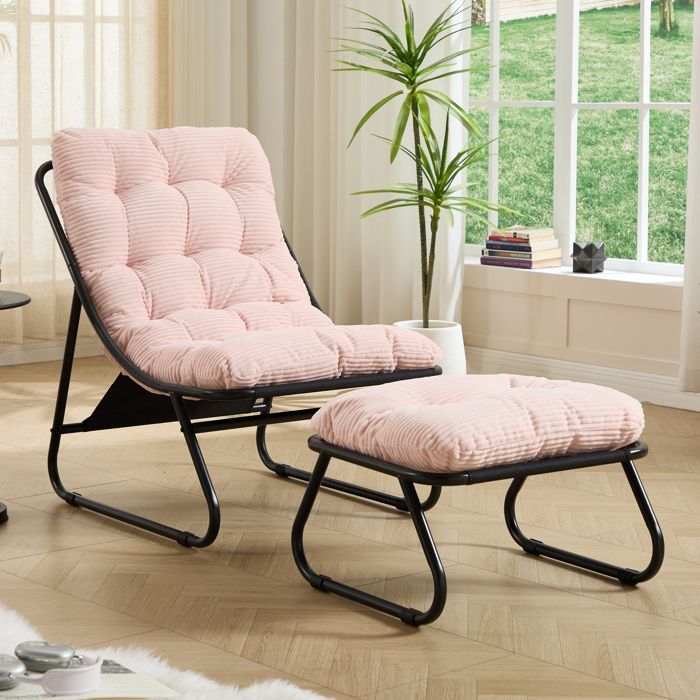 Ensemble De Fauteuil en Velours Côtelé 300g Chaise Longue de Jardin Avec Repose-Pieds Pour Chambre Salon et Balcon Rose