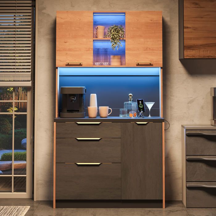 Armoire haute cuisine 100×40×180 cm plan de travail béton LED réglable prise européenne salon appartement neutre