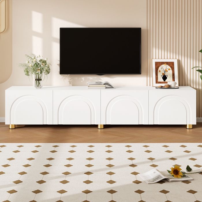 Meuble TV 180 x 35 x 40 cm à 4 portes avec relief arche pieds métal dorés blanc