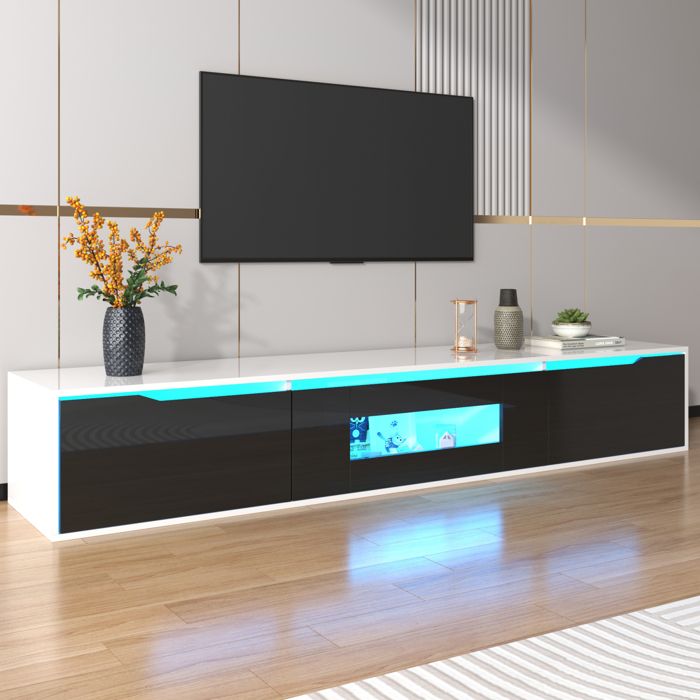 ADWOLT Meuble TV brillant 180 cm meuble TV bas à suspendre ou à poser 3 portes Éclairage LED noir et blanc