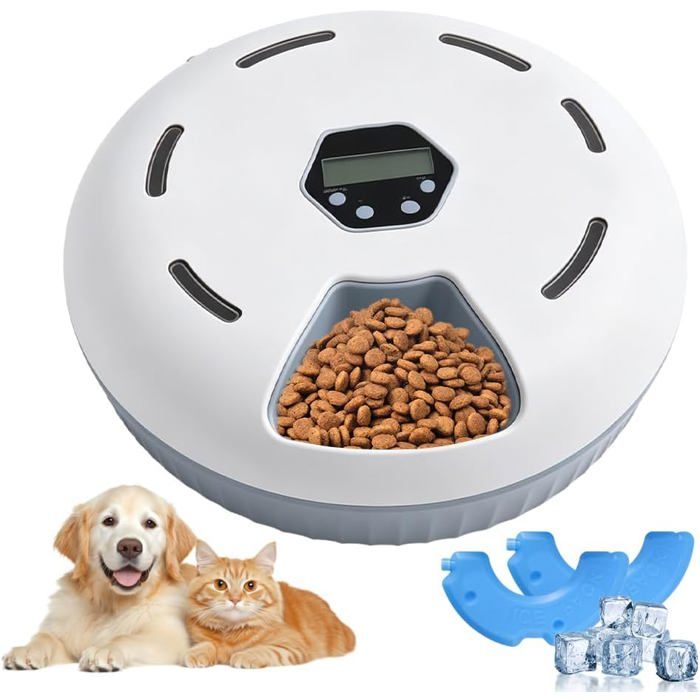 Distributeur automatique HOVCEH chat 6 repas programmable distributeur de pâté et croquettes avec minuterie et 2 sachets de glace