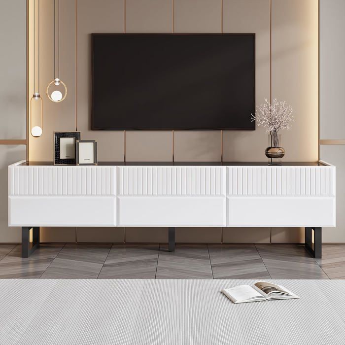Meuble TV -Meuble TV Moderne avec 3 Tiroirs-avec en Blanc Brillant et Noir-170x35x47cm