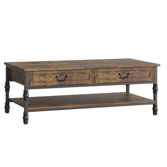 Table basse 41 po marron rustique 2 tiroirs étagère ouverte style vintage milieu du siècle salon bureau lecture