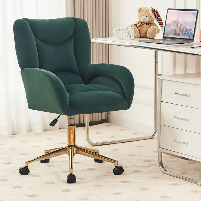 Chaise De Bureau En Velours Vert Siege Pivotant Moderne FloraGrace Pour Bureau Et Coiffeuse Hauteur Reglable 64x62x88-97cm