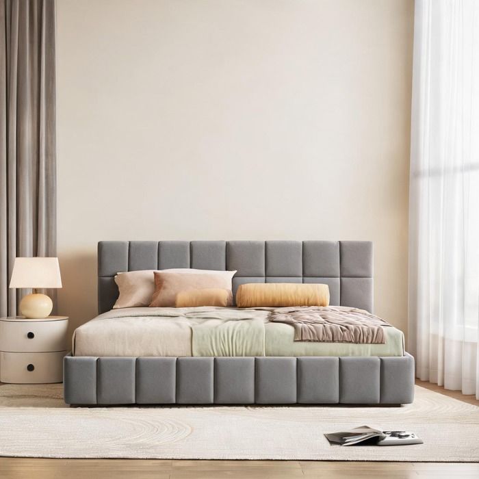Lit-canapé double en velours gris classique 160x200 cm avec sommier à lattes et dossier réversible