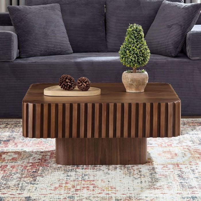 Table basse - WESTYLE - 80 x 80 x 35 cm - MDF effet noyer - Cadre bois massif rainuré - Carrée