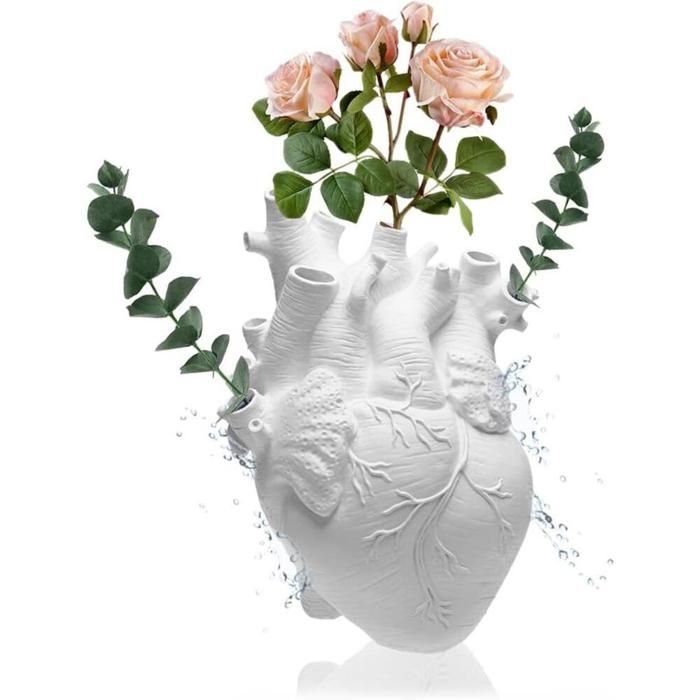 Vase Décoratif Original Forme de Cœur Résine Petit Vase de Table Blanc Pot Fleurs Salon Bureau