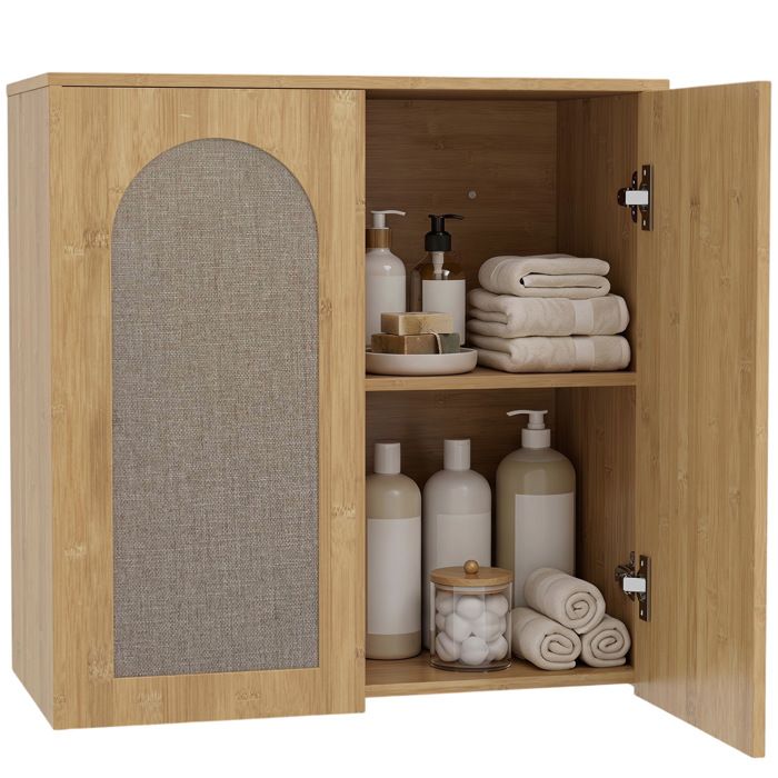 Armoire murale de salle de bain - HOMCOM - 2 portes effet rotin à fermeture douce et étagère réglable - bois - 60x30x60cm - chêne Armoire murale de salle de bain - HOMCOM - 2 portes effet rotin à fermeture douce et étagère réglable - bois - 60x30x60cm - chêne