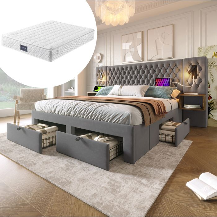 Lit complet 160x200 cm avec matelas inclus 2 tables de chevet 4 tiroirs lampe de lecture USB Type C velours gris FOLYNA