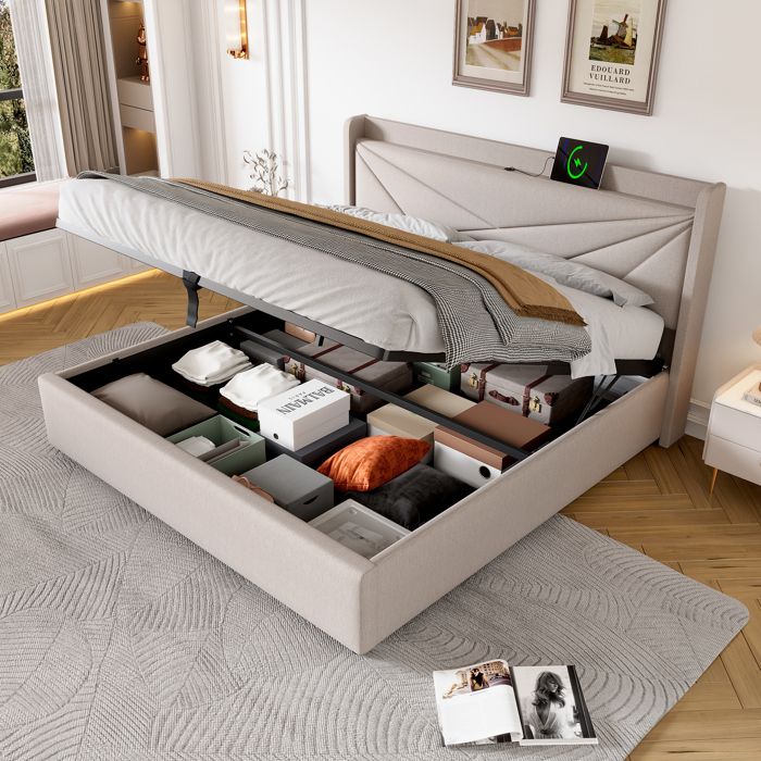 Lit double beige en coton-lin - BLACKCOLOR - 180 x 200 cm - Coffre de rangement - Ports USB et Type-C - Sommier à lattes Lit double beige en coton-lin - BLACKCOLOR - 180 x 200 cm - Coffre de rangement - Ports USB et Type-C - Sommier à lattes