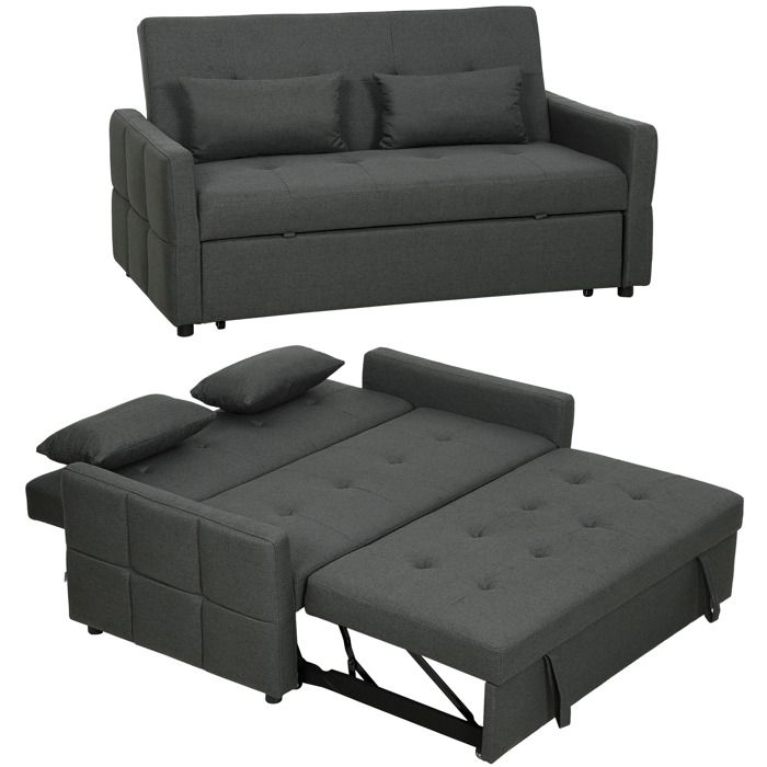 Canapé convertible 2 places - HOMCOM - dossier réglable clic clac assise large 2 oreillers - lin - 160 x 85 x 85 cm - gris foncé Canapé convertible 2 places - HOMCOM - dossier réglable clic clac assise large 2 oreillers - lin - 160 x 85 x 85 cm - gris foncé