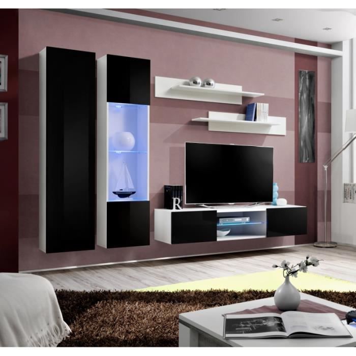 ensemble meuble tv mural - ac-déco - fly o4 - noir et blanc - 2 portes - éclairage led