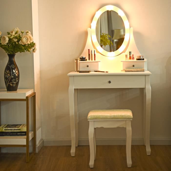 Coiffeuse Avec Lumiere Led Et Tabouret Miroir Ovale Table De