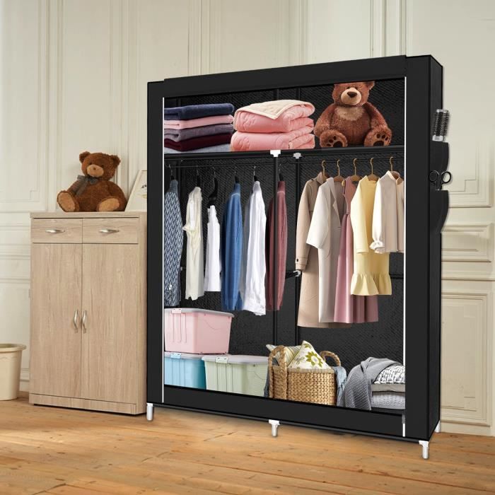 armoire de rangement pliante yyixing®noir-l108*l45*h170 cm avec 2 tringles pour vêtements