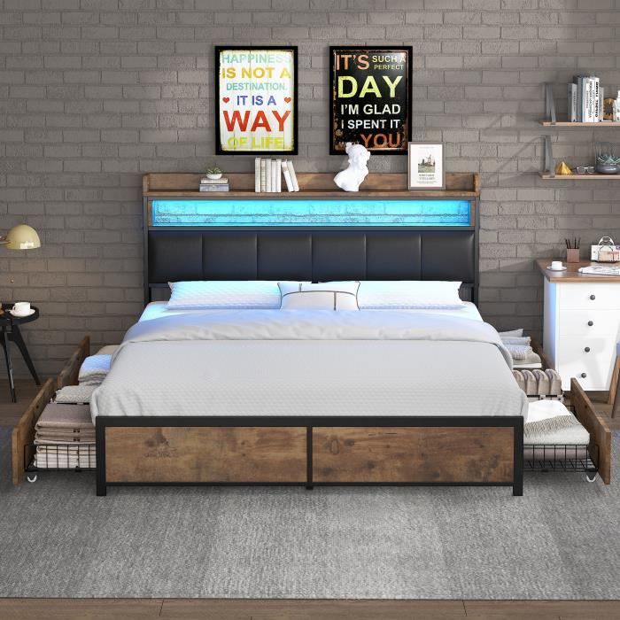 lit led - lit adulte avec 4 tiroirs, sommier à lattes en métal et tête de lit de rangement - lit en pu style industriel noir 140x200