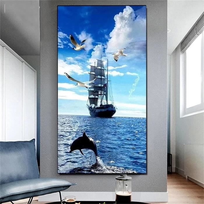 Kit Peinture Diamant 5D Voilier Et Vagues - Broderie Diamant Paysage Marin Round Drill 30x40 Cm Complet