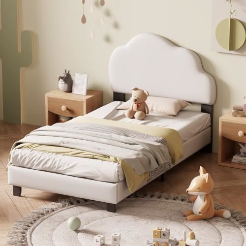 90 x 200cm lit d'enfant lit rembourré, cadre à lattes avec dossier en forme de nuage garçon et fille lit, blanc (matelas non inclus)
