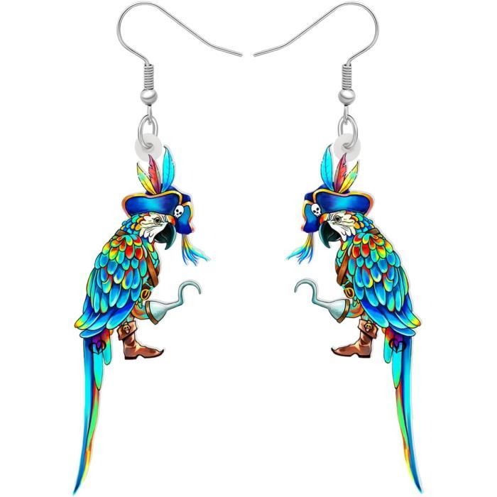 Boucles D'oreilles Vintage Perroquet En Bois Peint Main - Années 80 - Poids Léger - Occasion