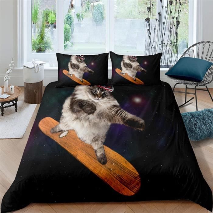 Housse De Couette Dessin Animé Noir Skateboard Animaux Ensemble 3