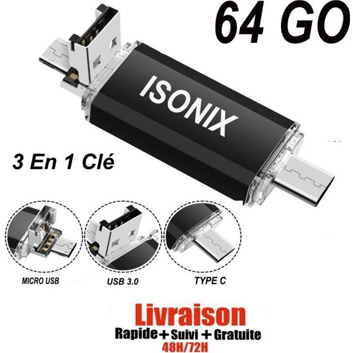 isonix Clé USB 64 go 3 en 1 Compatible iOS/Android pour Apple