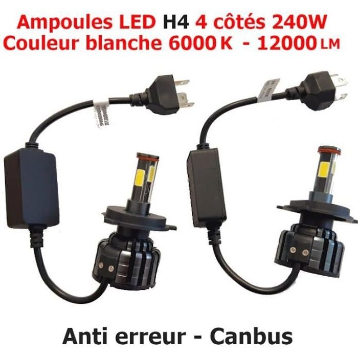 KIT AMPOULES CANBUS LED H4 480W 6000K AUTO MOTO FEU PHARE TRES PUISSANT