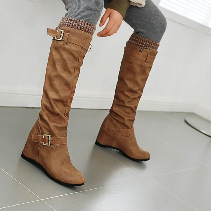 Bottes Longues Femme Cuir Vachette Nœud Papillon Talon Épais - Sans Talon, Confortables