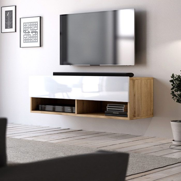 Meuble TV suspendu 1 porte abattant - L100 cm - 100 cm X 32 5 cm X 31 5 cm - DERBY - Chêne artisan / blanc Meuble TV suspendu 1 porte abattant - L100 cm - 100 cm X 32 5 cm X 31 5 cm - DERBY - Chêne artisan / blanc