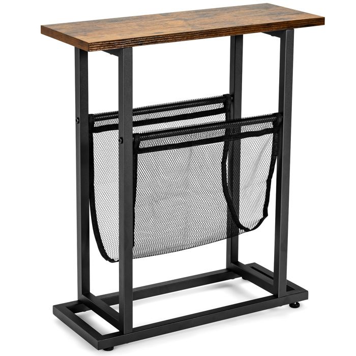 COSTWAY Table dAppoint Étroite de Style Industriel avec Porte-revues en Maille et Patins Réglables pour Salon Chambre Bureau