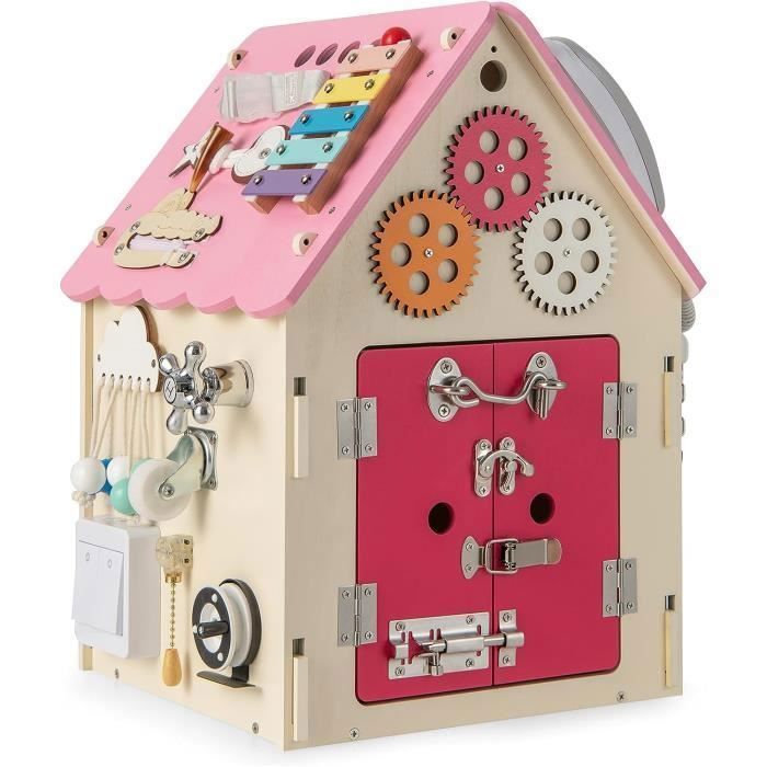 Cube d’Activité COSTWAY avec Busy board -Jouet d’Eveil Montessori Educatif Développer la Motricité Fine pour Enfant 3 Ans+ Rose