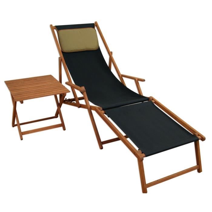 chaise longue de jardin noire, bain de soleil pliant, oreiller, repose-pieds, table 10-305ftkd