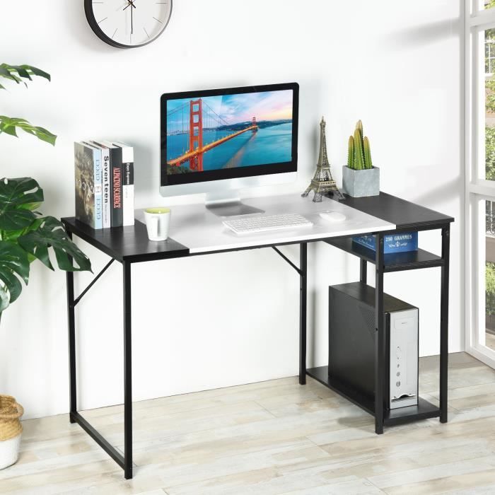 furniturer bureau d'ordinateur l 120 cm avec étagères de rangement gain de place pour bureau à domicile métal simple table noir