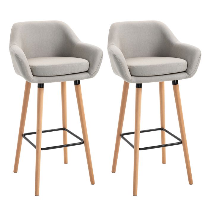 Lot De 2 Tabourets De Bar Design - Cuir PU Et Lin - Pieds Métal Noir - Hauteur 88,5cm - Beige
