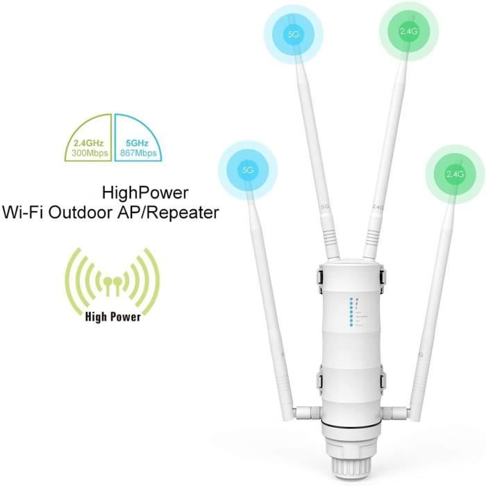 Repeteur WiFi Amplificateur Puissant Extérieur Longue Portée AC600, Double  Bande 2.4+5G 600Mbps Outdoor Antennes WiFi/Point d'Accès(AP)/Extendeur