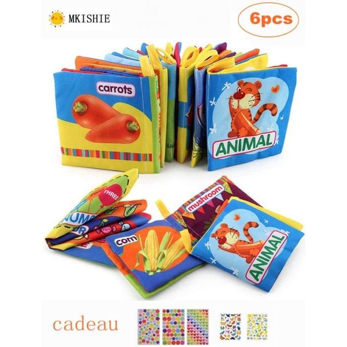 Lot de 6 Livres déveil Bébé Tissu Livres en chiffon de jouets doux pour enfants Bambin Bébé 