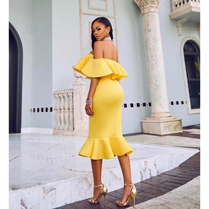 Sexy Femmes Automne Hiver Moulante Off The Shoulder Ruffles Robe De Soiree Jaune Jaune Achat Vente Robe Cdiscount