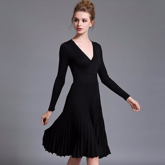 Femme A Ligne Col En V Profond Robe Plissee Vintage Robe A Manches Longues Tricot Noir Noir Cdiscount Pret A Porter